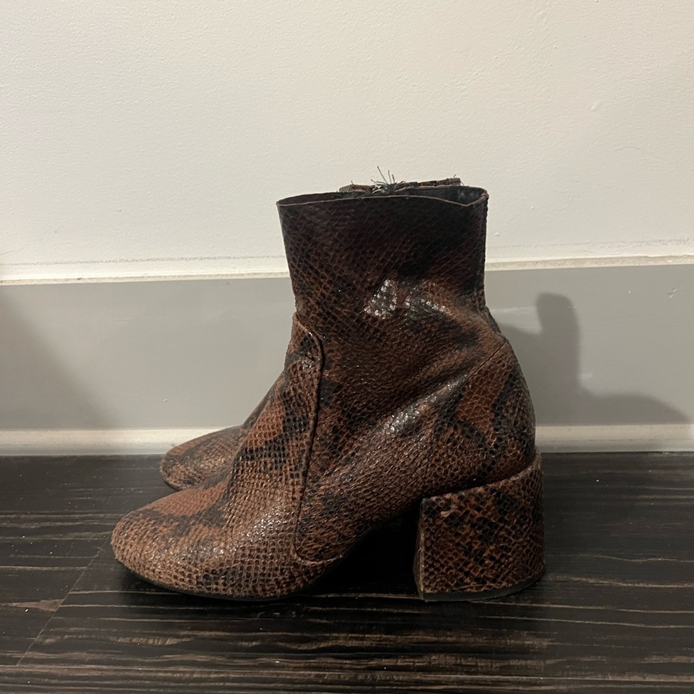 Jeffrey Campbell brown snakeskin chunky booties